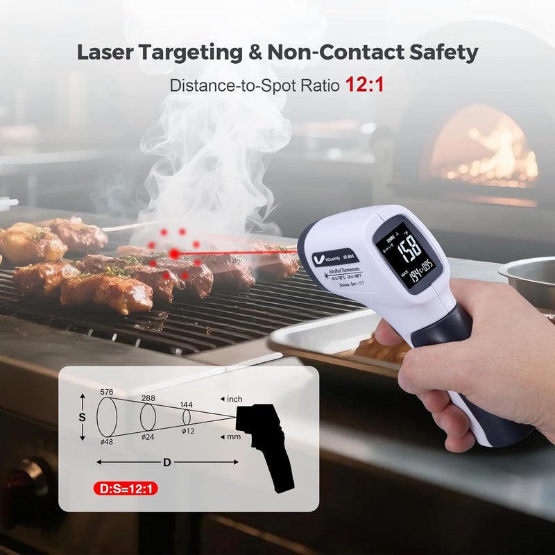 VCooklify Temperature Gun for Meat,Automotive Infrared Thermometer Gun with Ring Laser DS12:1,Digital Thermal Gun with Adjustable Emissivity&High/Low Alarm,-58~1400℉IR Temp Gun for Engine,Brakes&HVAC - Image 4